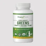 3D front view of Organic Greens bottle with green superfood branding and tablet count.