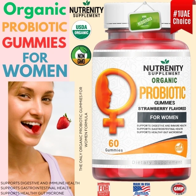 organic probiotic women 60 gummies women’s digestive health marketing graphic