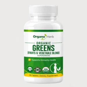 3D front view of Organic Greens bottle with green superfood branding and tablet count.