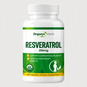 front view bottle render of organo herb resveratrol 250mg 60 capsules
