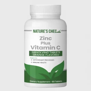 front view bottle render of natures chec zinc plus vitamin c 60 tablets