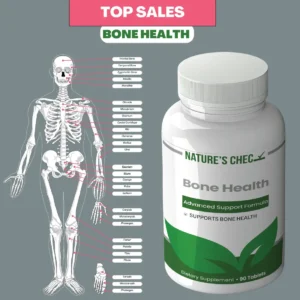 Nature’s Chec Bone Health bottle with human skeleton diagram