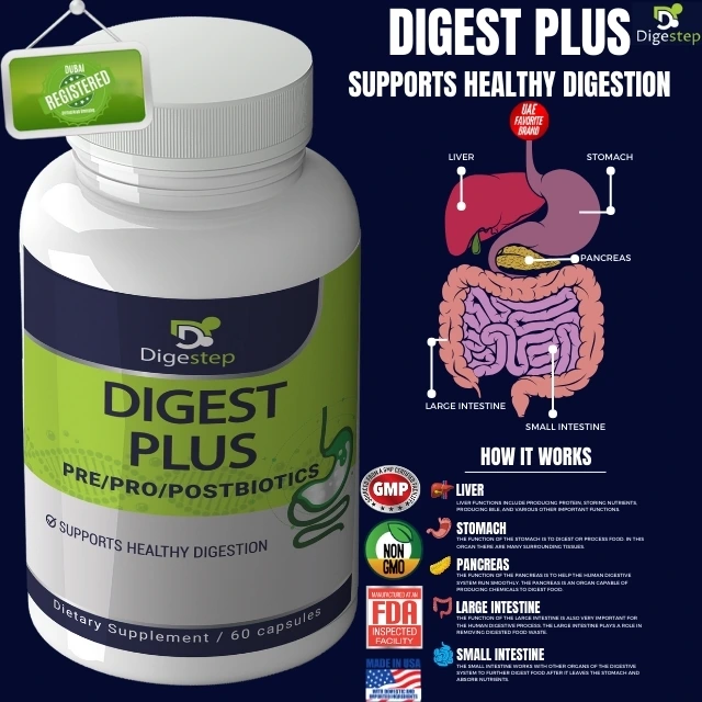 Digest Plus by DigesteStep probiotic supplement bottle with digestive system diagram showing liver, stomach, pancreas, small and large intestine – UAE-registered pre/pro/postbiotics for healthy digestion, available in Dubai, 60 capsules.