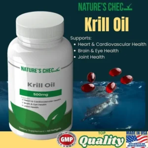 Krill Oil 500mg front label showing heart brain joint support