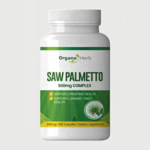 front view bottle render of organo herb saw palmetto 500mg 100 capsules