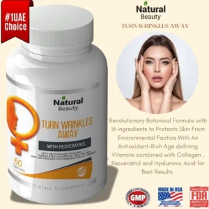 Turn Wrinkles Away bottle with woman touching face