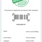 UAE registration record for Fitness Organix Amino Acid 2200mg