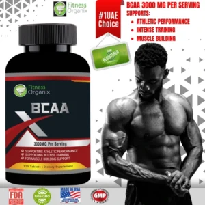 Fitness Organix BCAA 3000mg bottle with strength athlete
