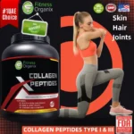 Collagen Peptides tub with woman stretching – skin hair joints text