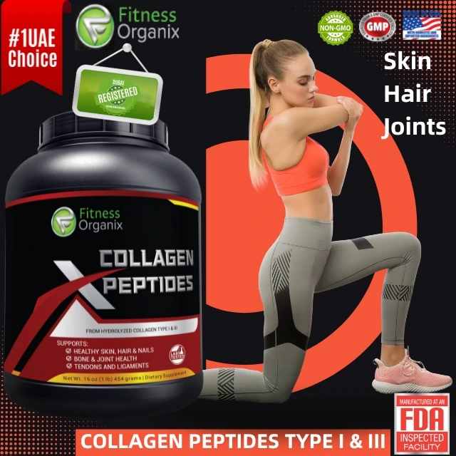 Collagen Peptides tub with woman stretching – skin hair joints text