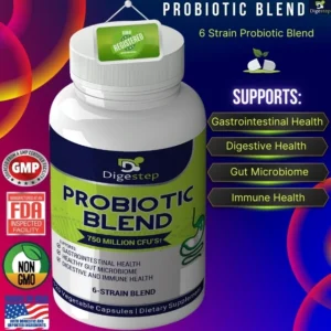 Digestep Probiotic Blend 6 strain bottle with benefit icons
