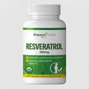 front view bottle render of organo herb resveratrol 250mg 60 capsules