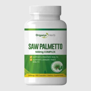 front view bottle render of organo herb saw palmetto 500mg 100 capsules