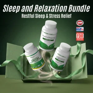Sleep and Relaxation 50% Discount Package image with Magnesium Bisglycinate, Tart Cherry and Organic Greens bottles