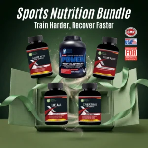 Sports Nutrition 50% Discount Package image with Amino Acid, BCAA, Creatine Tri-phase, Nitro Pump and Power Whey bottles