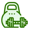 Green sports nutrition icon with a dumbbell and kettlebell