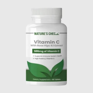 front view bottle render of natures chec Vitamin C with Rose Hips 60 tablets