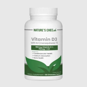 front view bottle render of natures chec vitamin d3 k2 90 Chewable Tablets